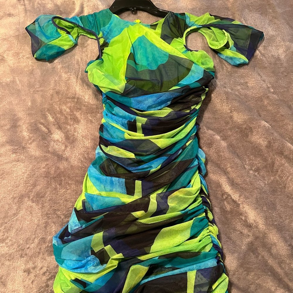 House of CB Neon Green & Teal Abstract Mini Dress